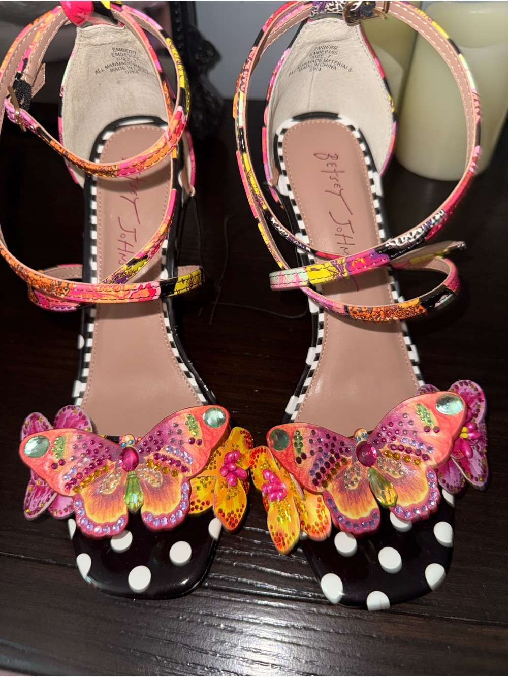 Betsey Johnson Pink Orange Yellow Butterfly Ankle-Strap Sandals